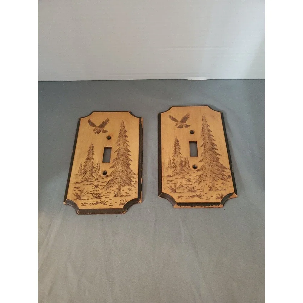 2 Vintage 1977 MCM Wood Eagle Pine Trees Forest Single-Light Switch Plate LN